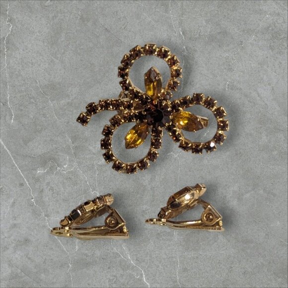 Vintage Rhinestone Bow Brooch & Clip-On Earring Gold tone topaz brown tone - Picture 3 of 9